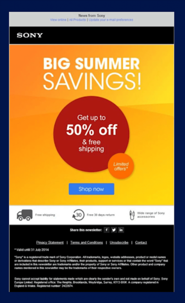 Sony big summer discount email examples